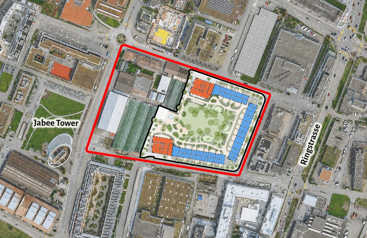Die geplante Grossüberbauung nimmt den östlichen Teil des Areals ein. Orange markiert sind die Standorte der Hochhäuser, blau die niedrigeren Bereiche. Situationsplan einer geplanten Grossüberbauung.